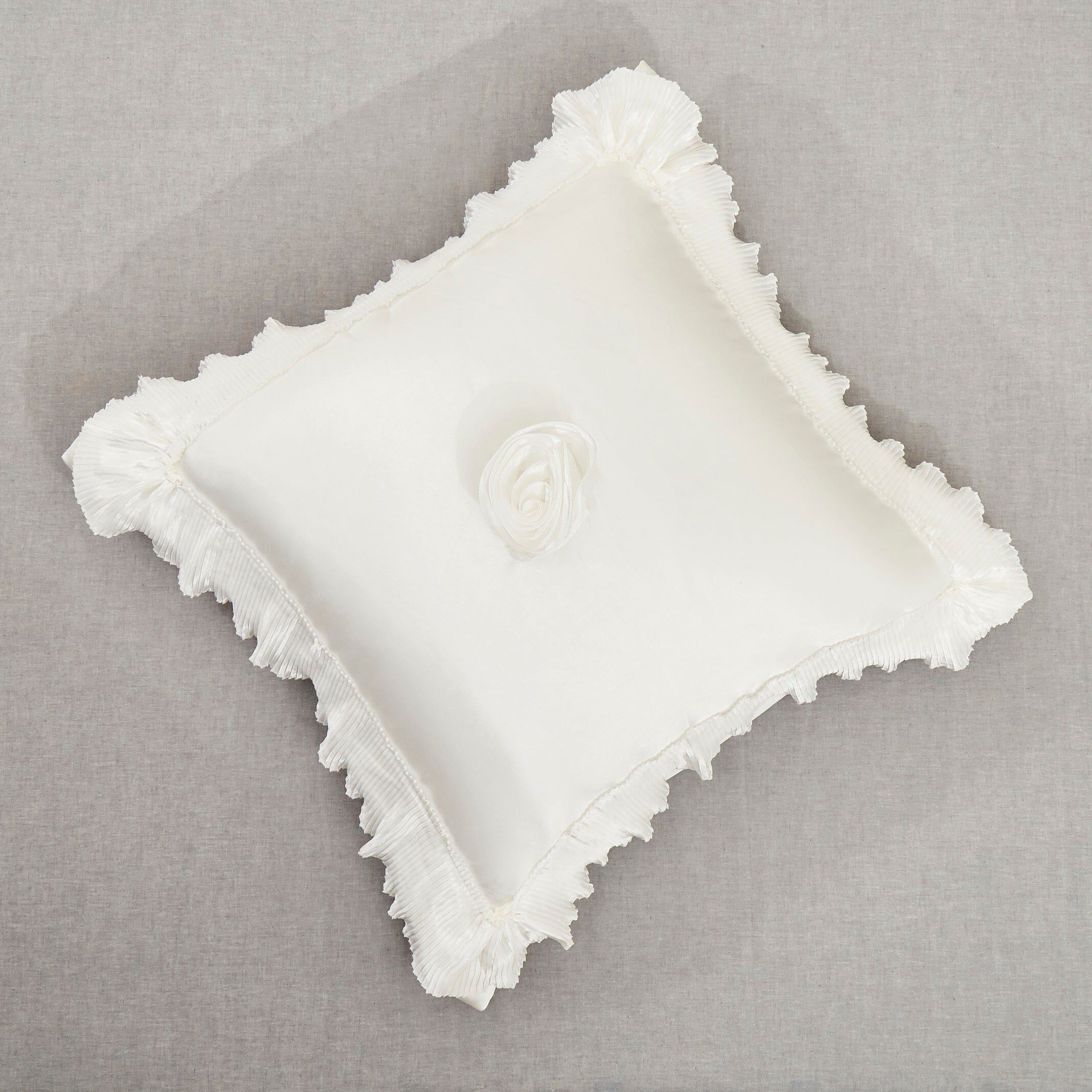Pearl white vintage ruffled faux silk satin Euro pillow sham with delicate floral embellishments — view 2