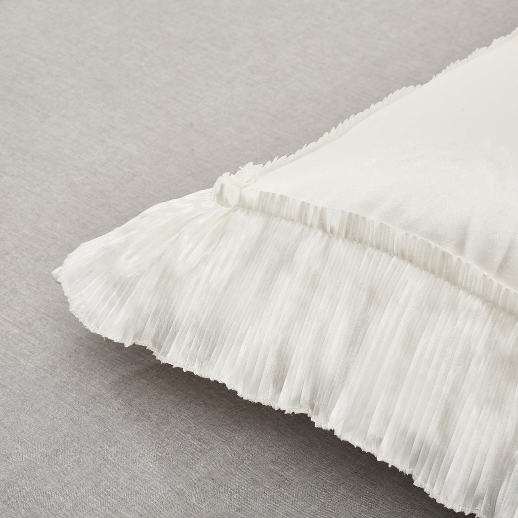 Pearl white vintage ruffled faux silk satin Euro pillow sham with delicate floral embellishments — view 4