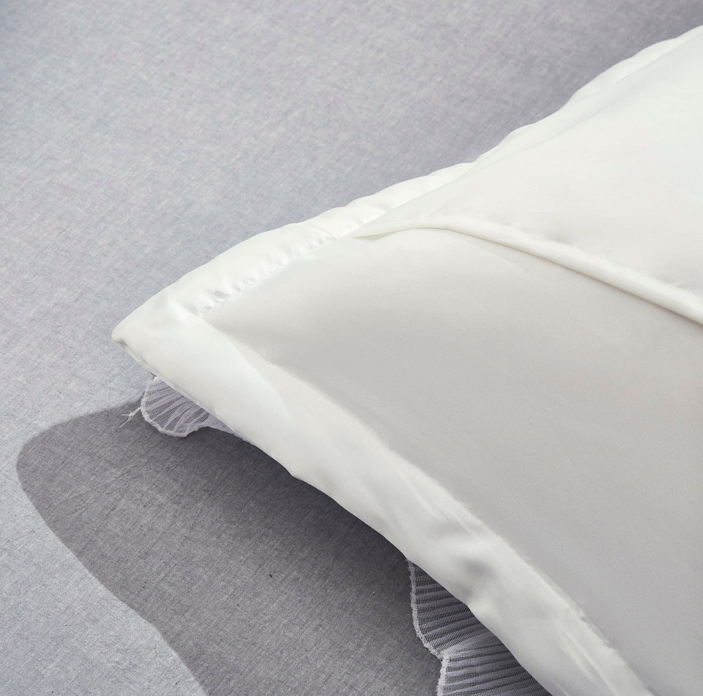 Pearl white vintage ruffled faux silk satin Euro pillow sham with delicate floral embellishments — view 5
