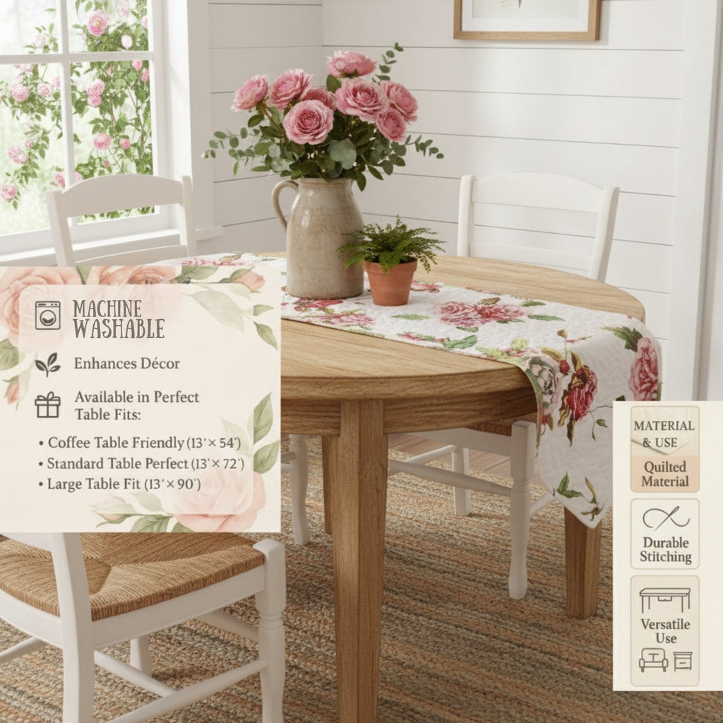 Quilted dining table runner with pink blooming roses and floral patterns on a white background — view 3