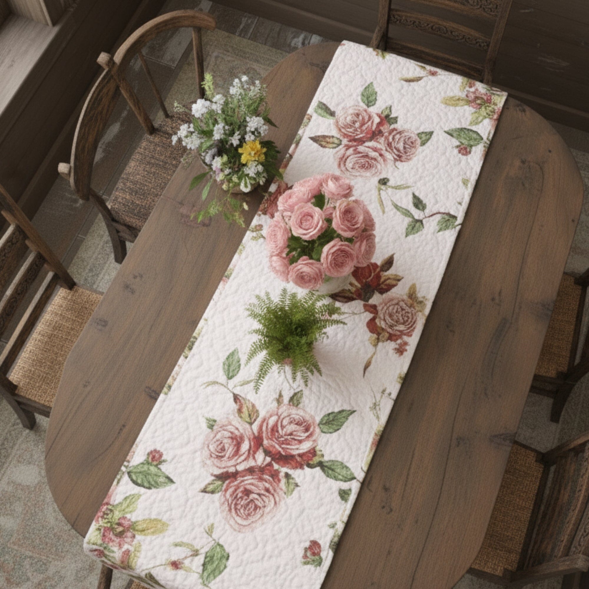 Quilted dining table runner with pink blooming roses and floral patterns on a white background — view 5