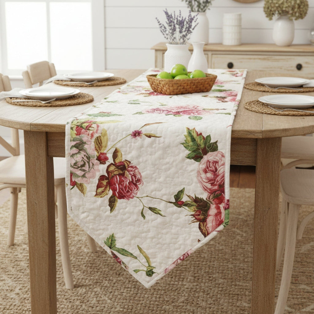 Quilted dining table runner with pink blooming roses and floral patterns on a white background
