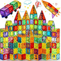 Magnetic building blocks set with 120 vibrant geometric tiles and two sturdy bases for children