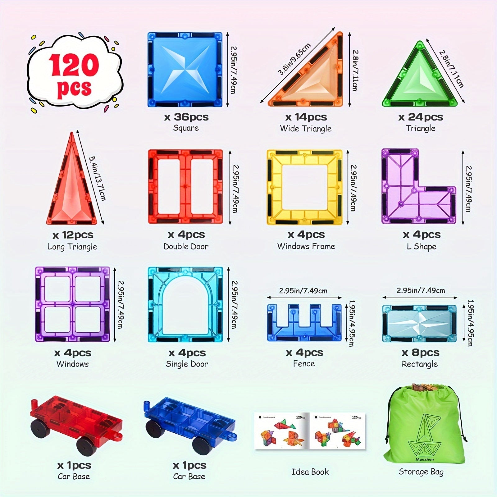 Magnetic building blocks set with 120 vibrant geometric tiles and two sturdy bases for children — view 2