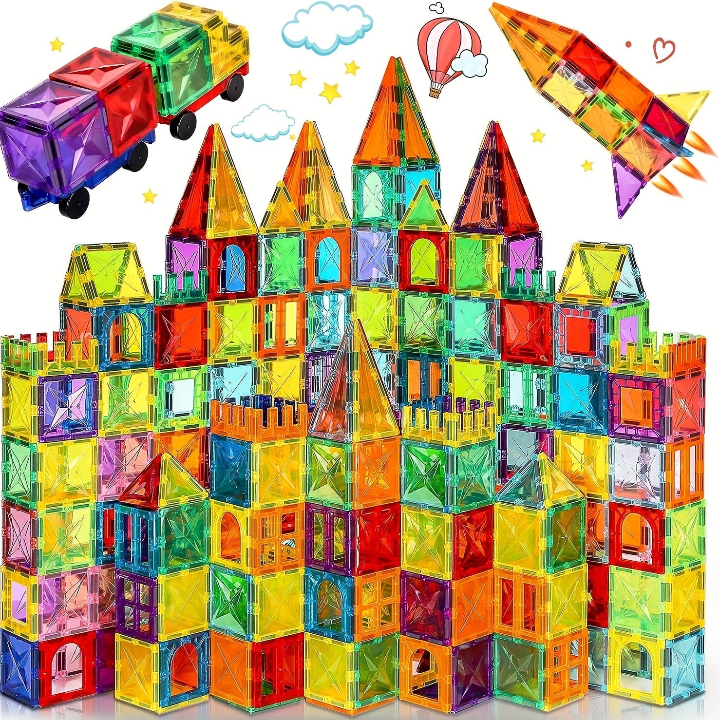 Magnetic building blocks set with 120 vibrant geometric tiles and two sturdy bases for children — view 3