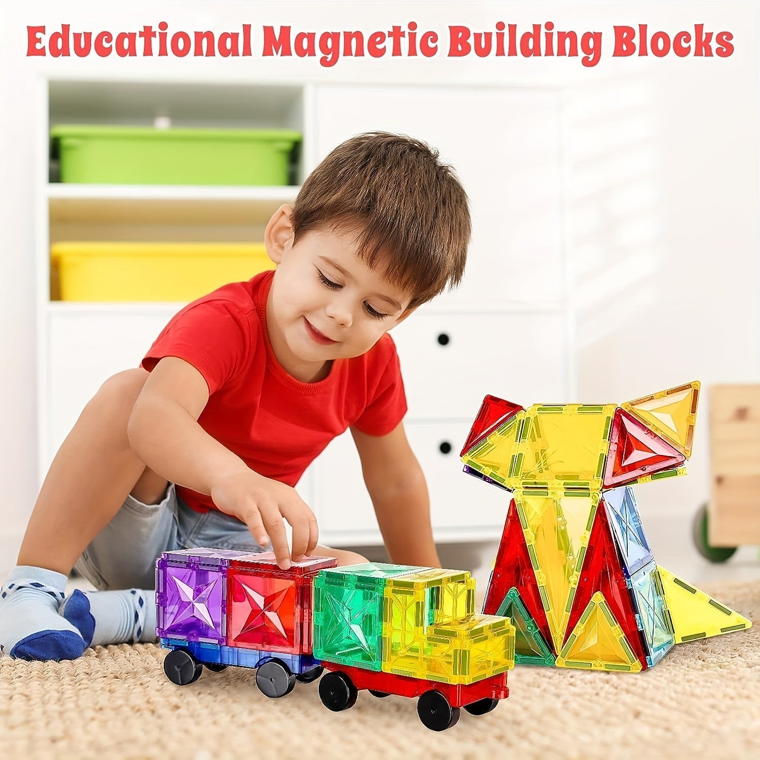 Magnetic building blocks set with 120 vibrant geometric tiles and two sturdy bases for children — view 5
