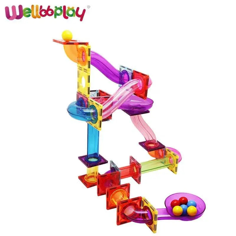 Magnetic marble run building blocks set in brightly colored ABS plastic creating a 3D ball maze