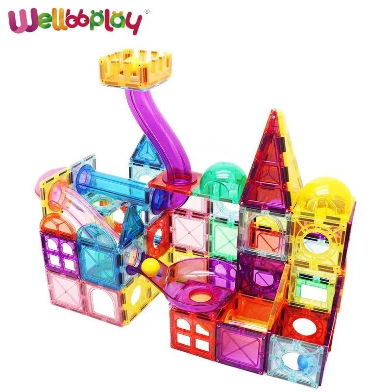 Magnetic marble run building blocks set in brightly colored ABS plastic creating a 3D ball maze — view 3
