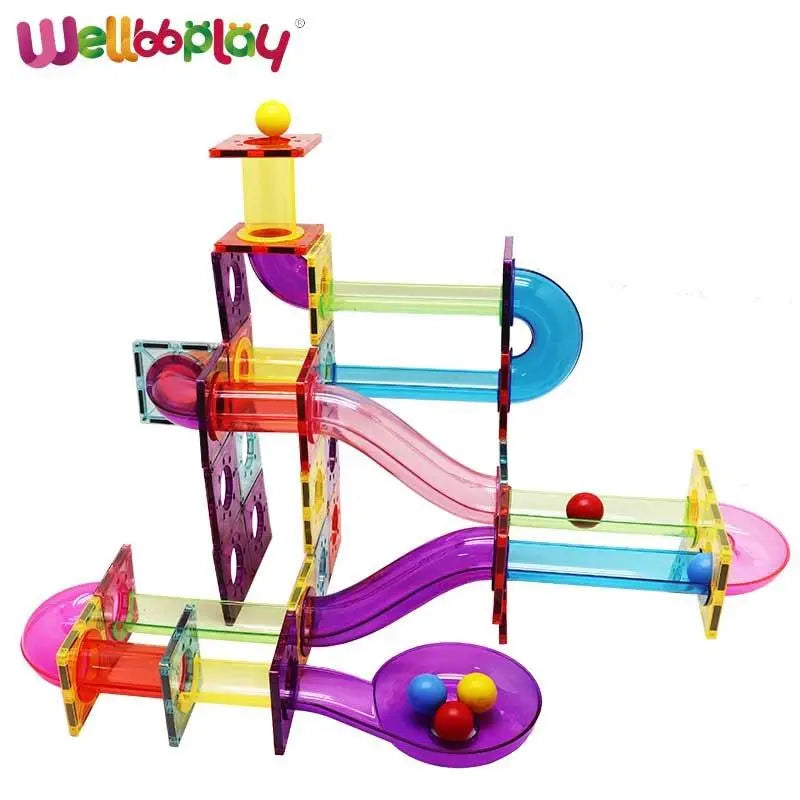 Magnetic marble run building blocks set in brightly colored ABS plastic creating a 3D ball maze — view 4