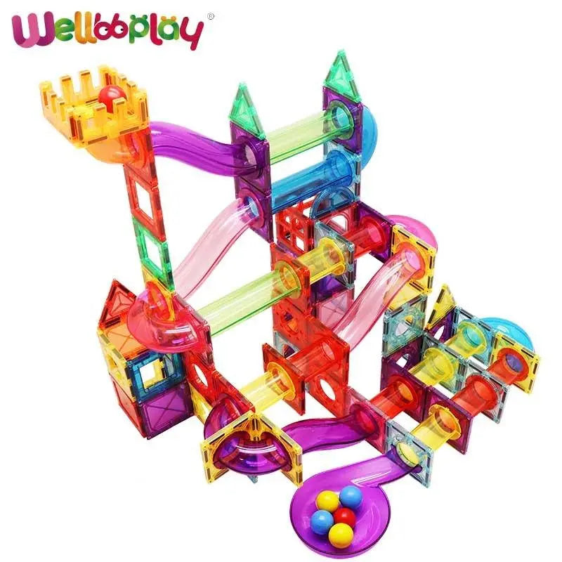 Magnetic marble run building blocks set in brightly colored ABS plastic creating a 3D ball maze — view 5