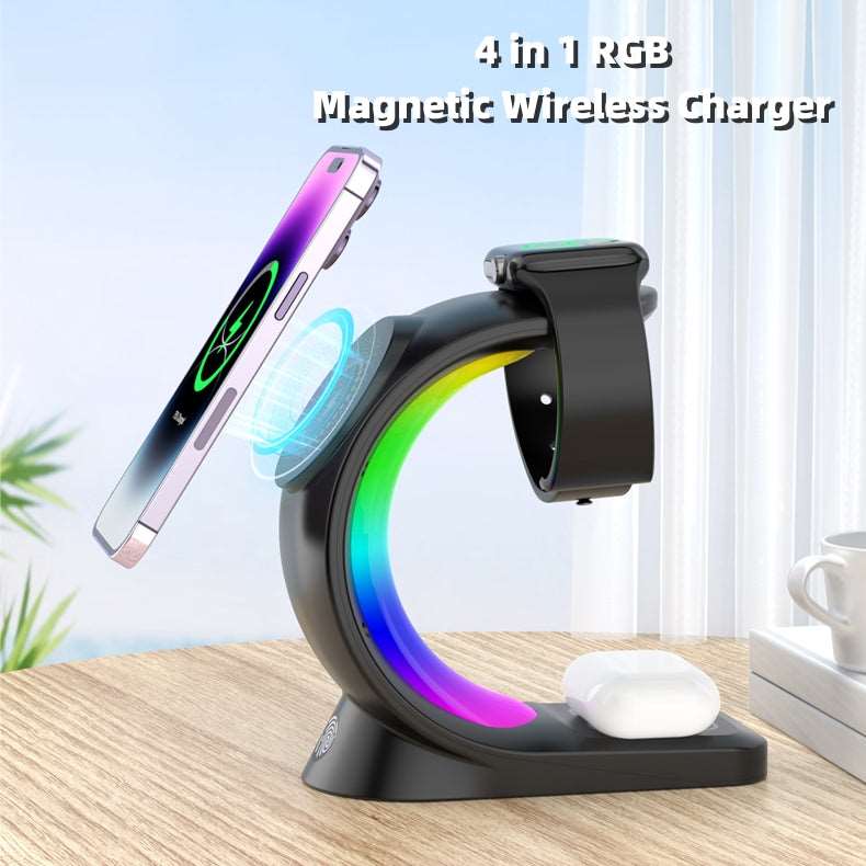 4-in-1 magnetic wireless charging station powering a smartphone, smartwatch, and earbuds with ambient light.
