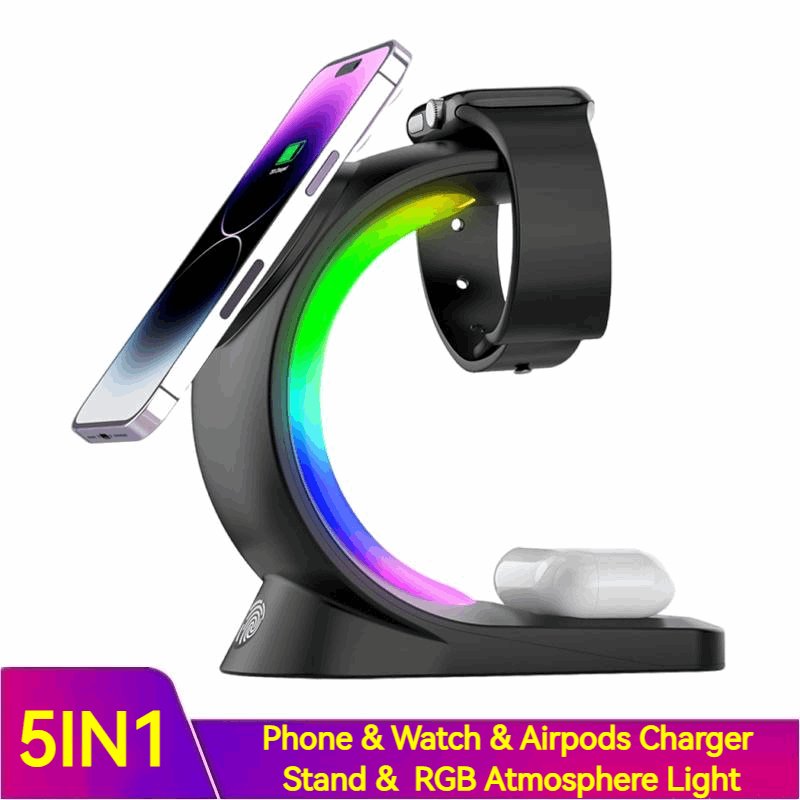 4-in-1 magnetic wireless charging station powering a smartphone, smartwatch, and earbuds with ambient light. — view 2