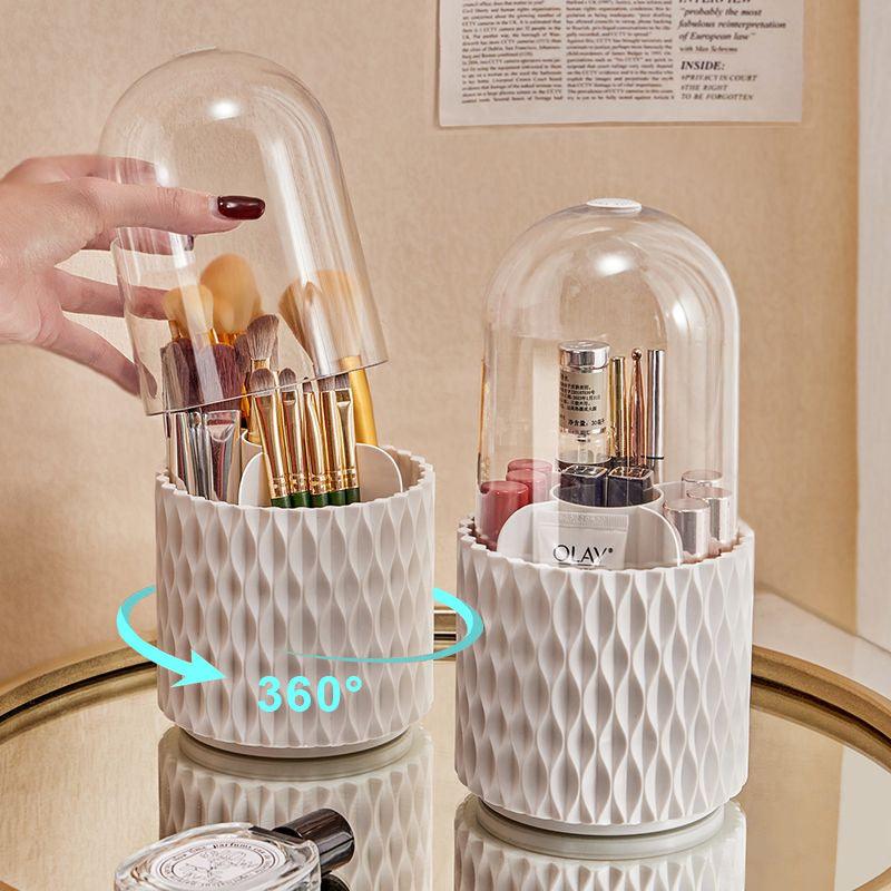 White rotating makeup brush organizer with transparent dustproof cover and split storage compartments