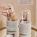 White rotating makeup brush organizer with transparent dustproof cover and split storage compartments