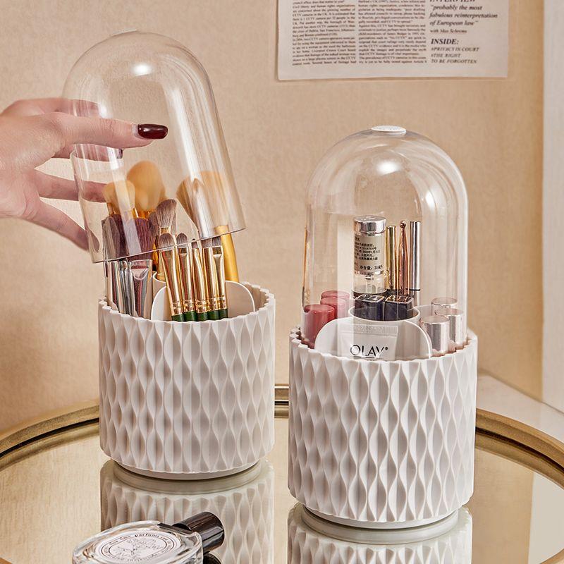 White rotating makeup brush organizer with transparent dustproof cover and split storage compartments — view 2
