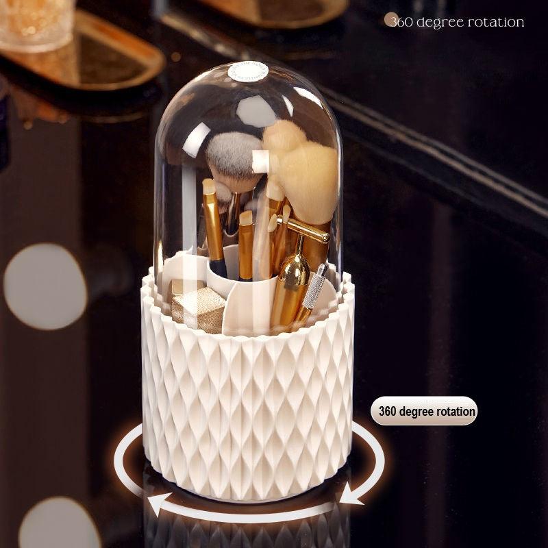 White rotating makeup brush organizer with transparent dustproof cover and split storage compartments — view 3