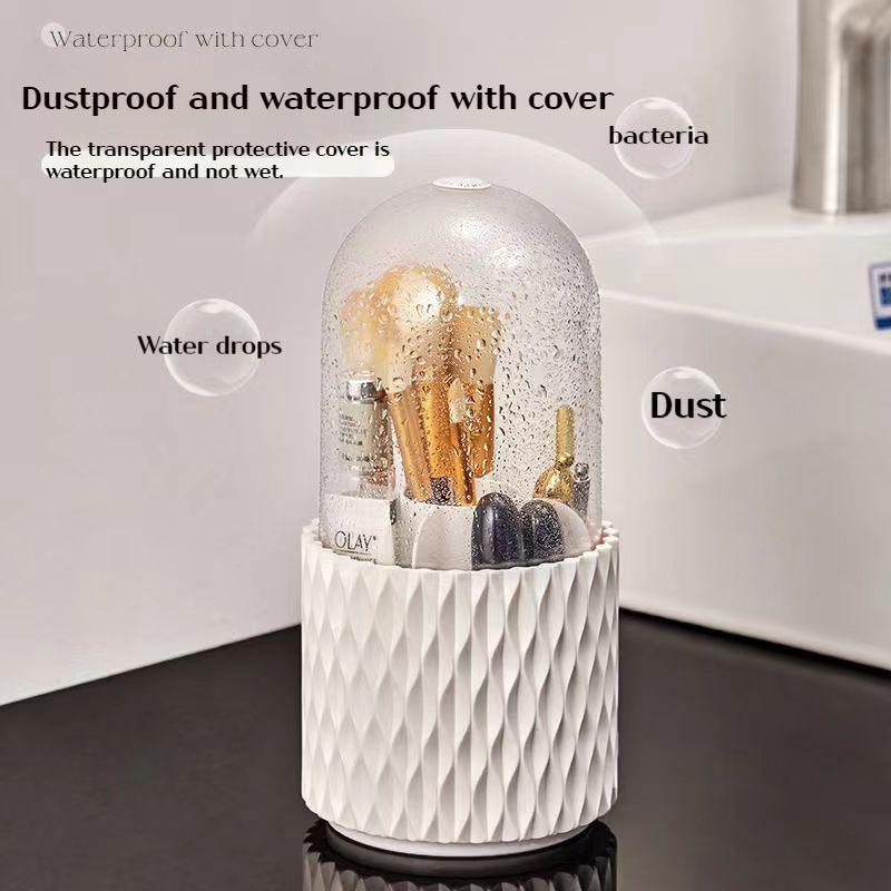 White rotating makeup brush organizer with transparent dustproof cover and split storage compartments — view 4