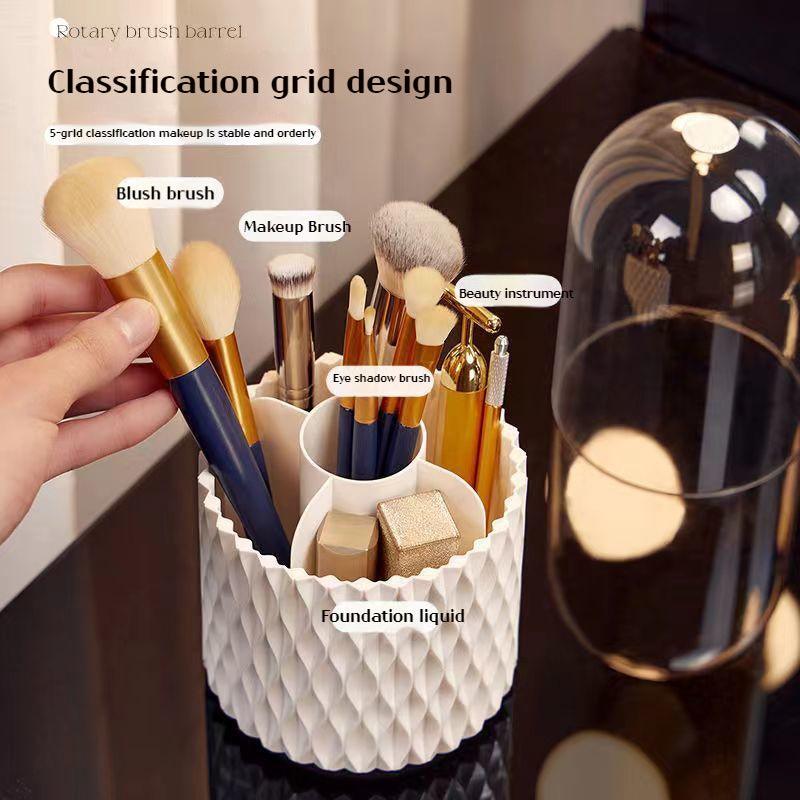 White rotating makeup brush organizer with transparent dustproof cover and split storage compartments — view 5