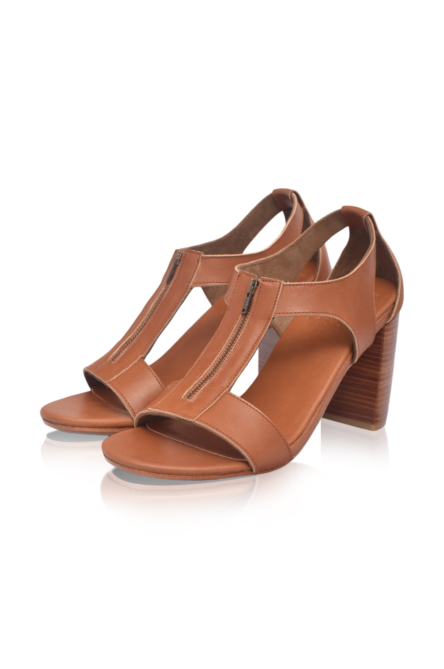 Makoa block heel leather sandals in camel with zip closure and lightweight wooden heels — view 4