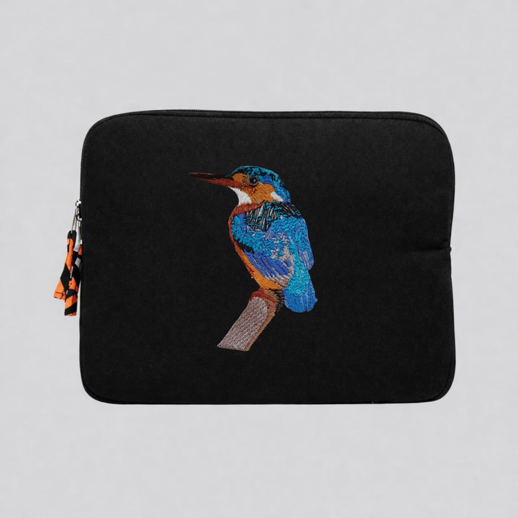 Malachite Kingfisher embroidered 13 to 14 inch laptop sleeve in warm earthy cotton canvas. — view 5