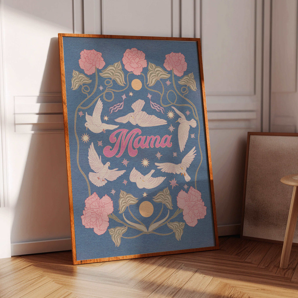 Mama art print featuring typography, white doves, and botanical floral illustrations on fine art paper — view 3