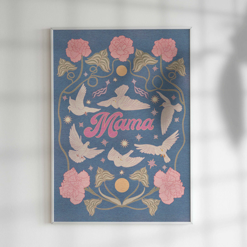 Mama art print featuring typography, white doves, and botanical floral illustrations on fine art paper