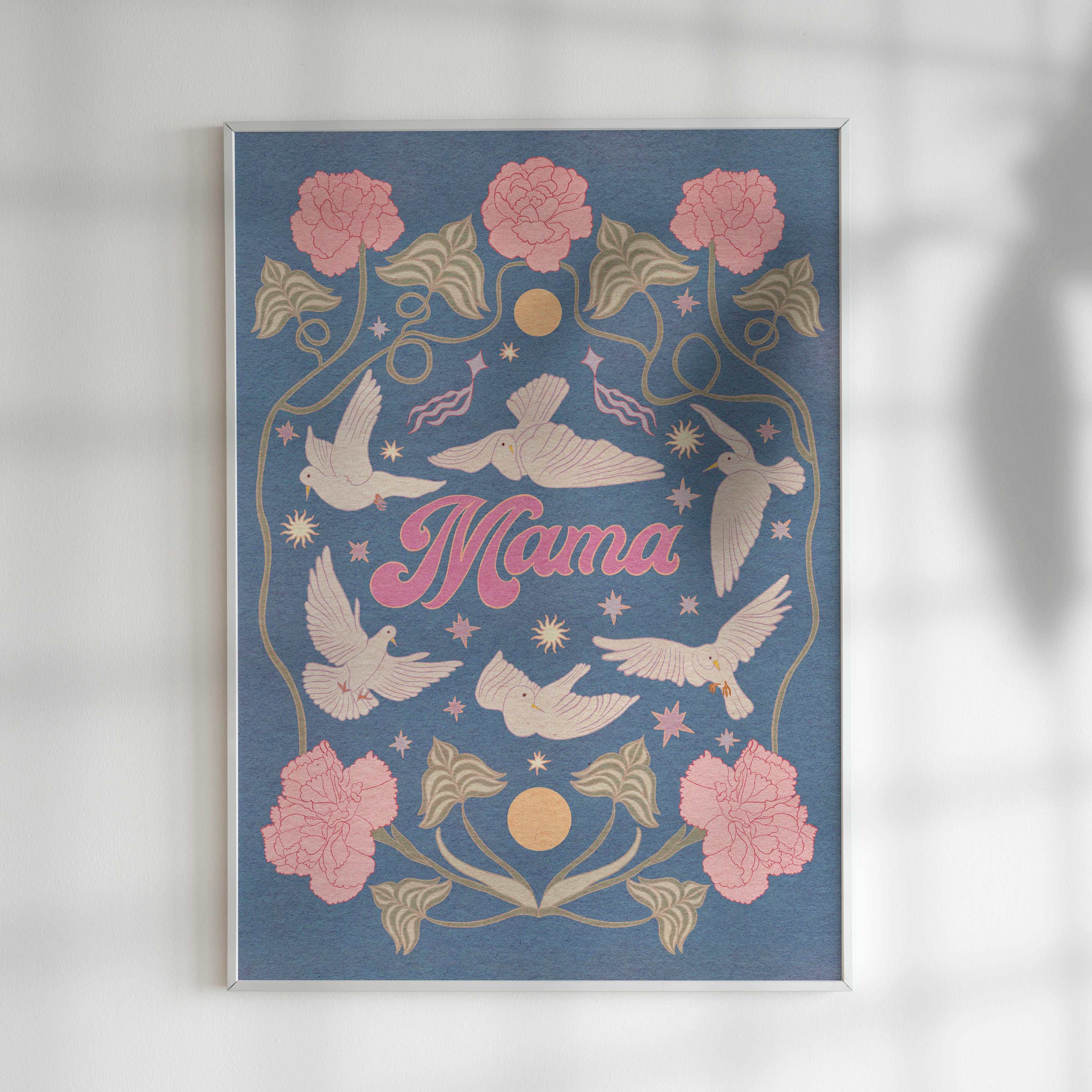 Mama art print featuring typography, white doves, and botanical floral illustrations on fine art paper