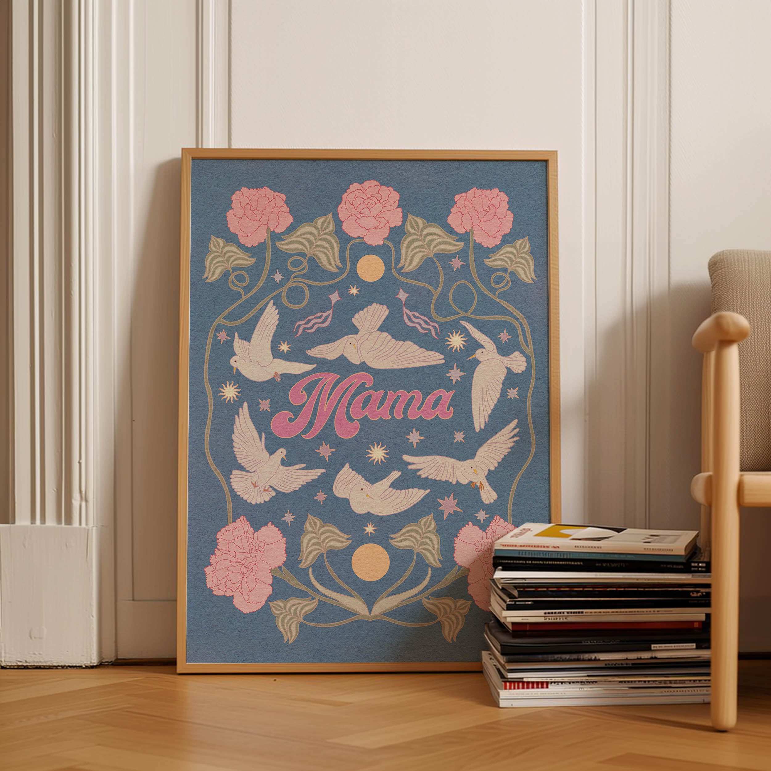 Mama art print featuring typography, white doves, and botanical floral illustrations on fine art paper — view 4