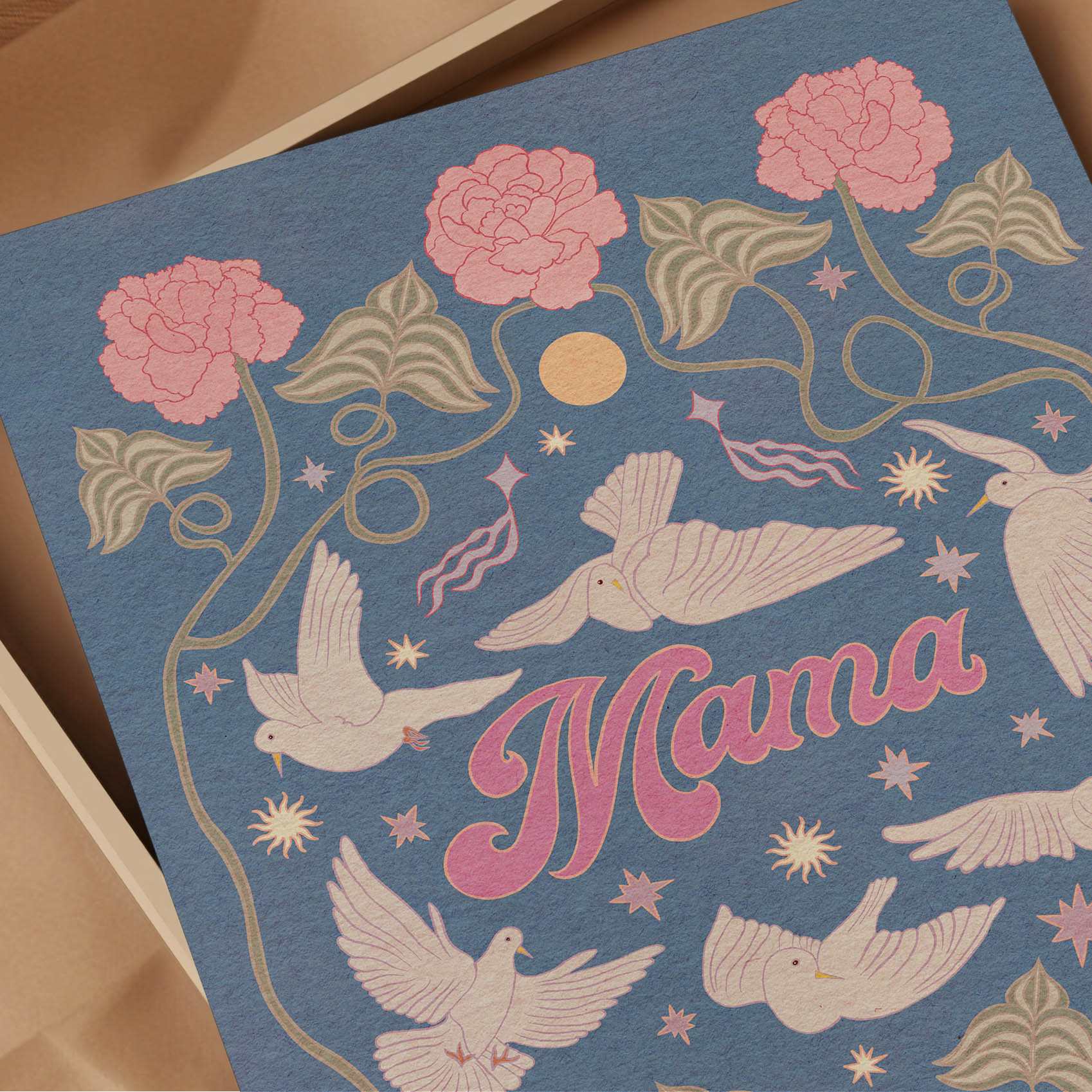 Mama art print featuring typography, white doves, and botanical floral illustrations on fine art paper — view 2