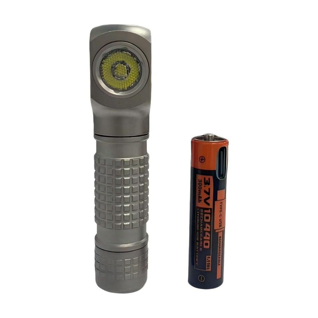 Titanium right angle flashlight and headlamp in bead blasted silver finish with removable pocket clip