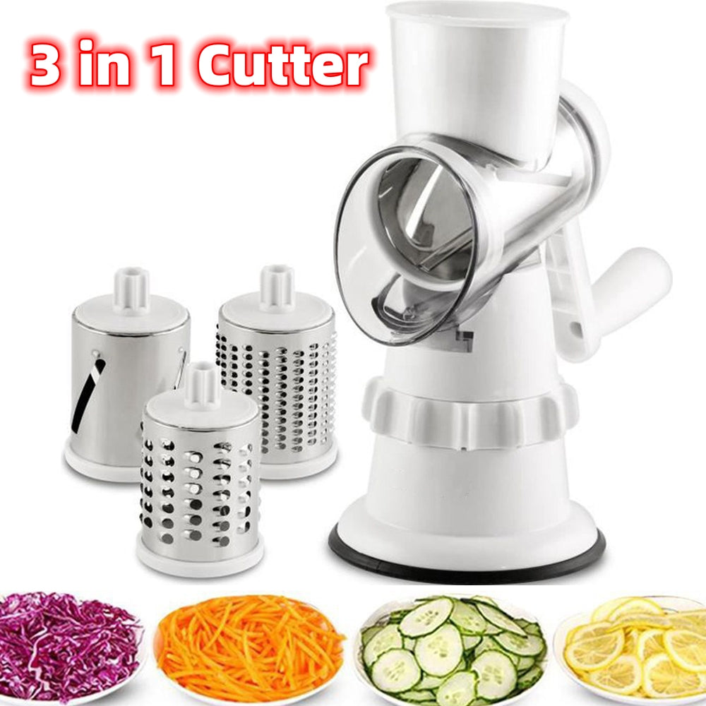 White manual 3-in-1 vegetable slicer and spiralizer with stainless steel drum blades.