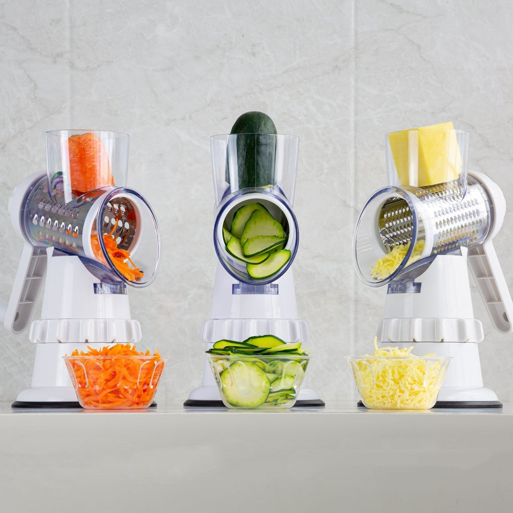 White manual 3-in-1 vegetable slicer and spiralizer with stainless steel drum blades. — view 2