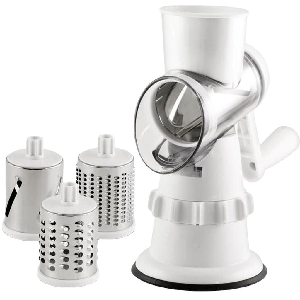 White manual 3-in-1 vegetable slicer and spiralizer with stainless steel drum blades. — view 3