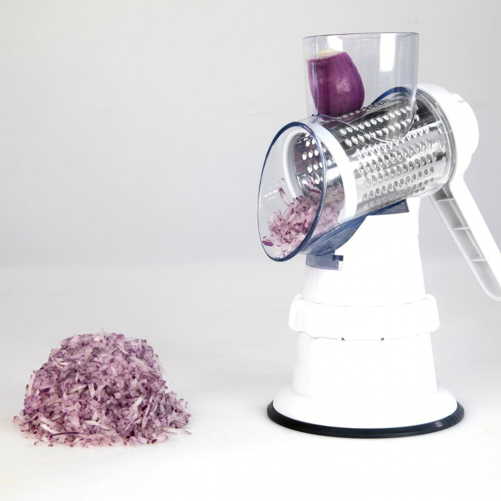 White manual 3-in-1 vegetable slicer and spiralizer with stainless steel drum blades. — view 5