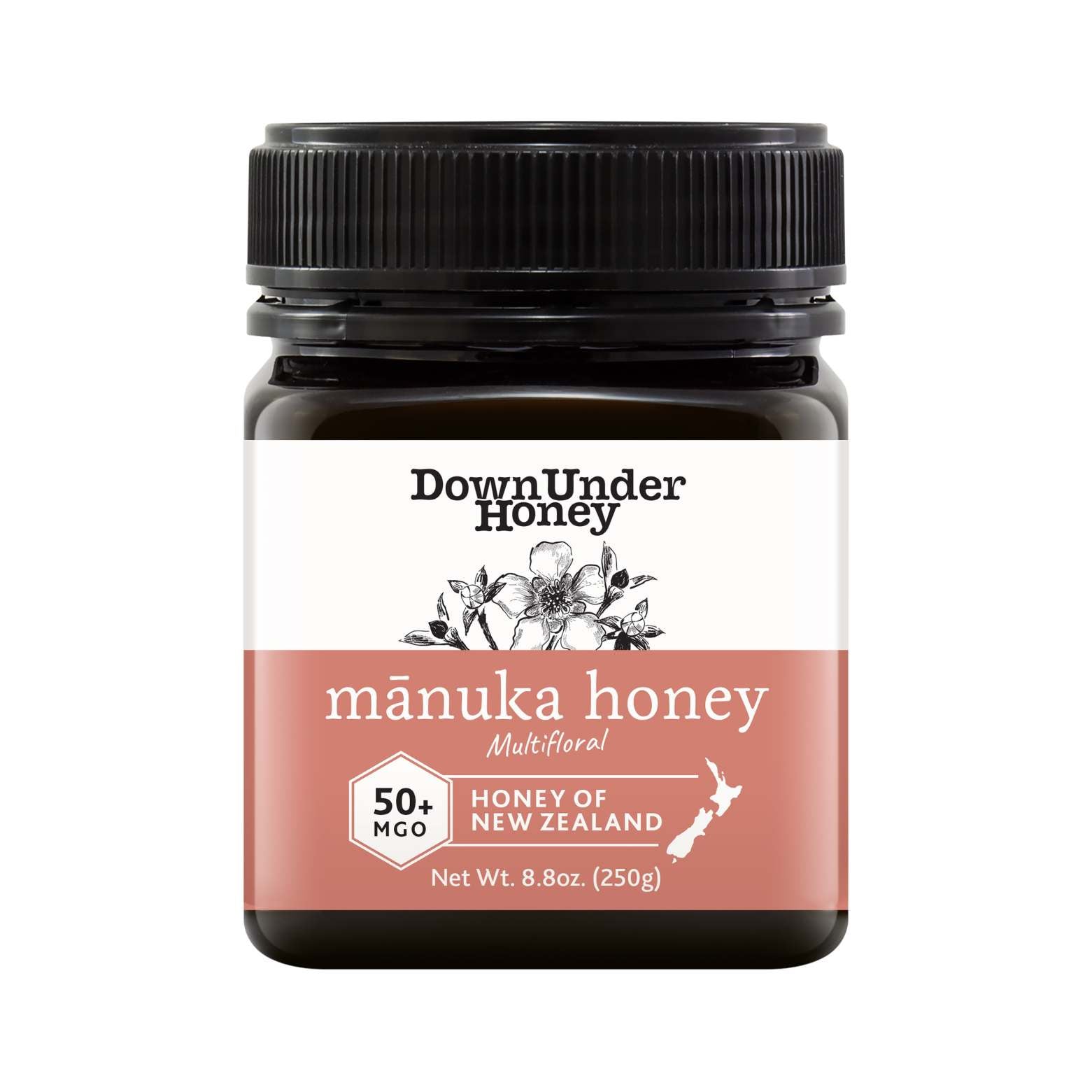 MGO 50+ multifloral Manuka honey in an 8.8oz jar with smooth creamy texture