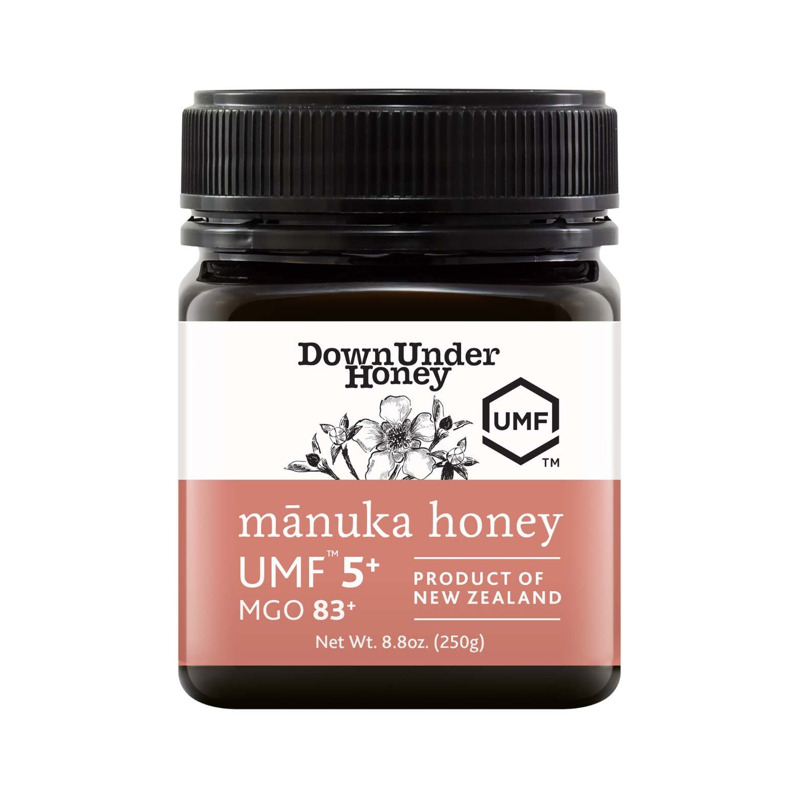 8.8oz jar of pure New Zealand UMF 5+ Manuka honey with a smooth golden creamy texture