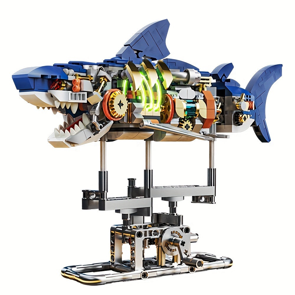 Vibrant blue 687-piece marine animal shark building block set with illuminated display stand.