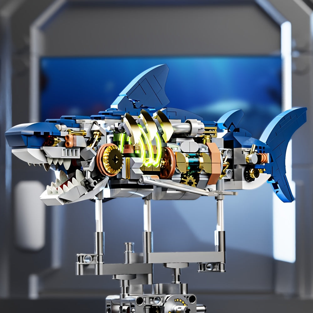 Vibrant blue 687-piece marine animal shark building block set with illuminated display stand. — view 2