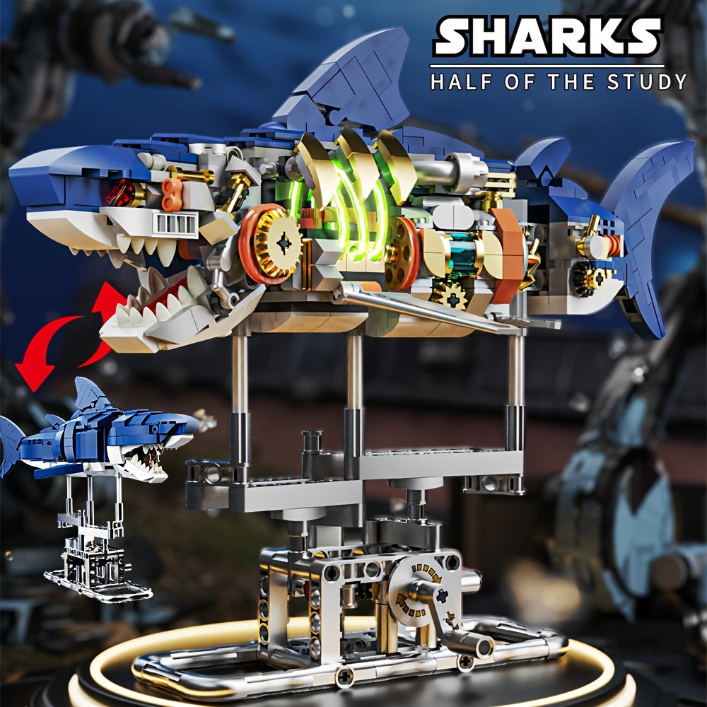 Vibrant blue 687-piece marine animal shark building block set with illuminated display stand. — view 4