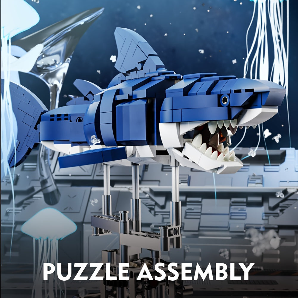 Vibrant blue 687-piece marine animal shark building block set with illuminated display stand. — view 5