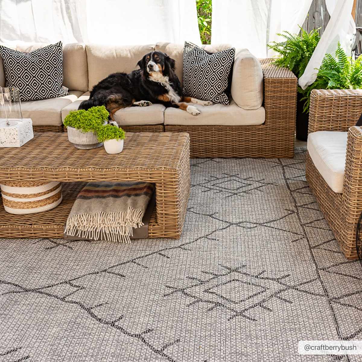 Marwood Nordic bohemian outdoor area rug in black taupe white and charcoal geometric pattern — view 2