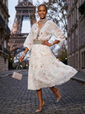 Women's bohemian floral embroidered two-piece matching set with V-neck blouse and high-waisted midi skirt