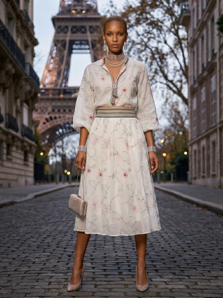 Women's bohemian floral embroidered two-piece matching set with V-neck blouse and high-waisted midi skirt — view 2