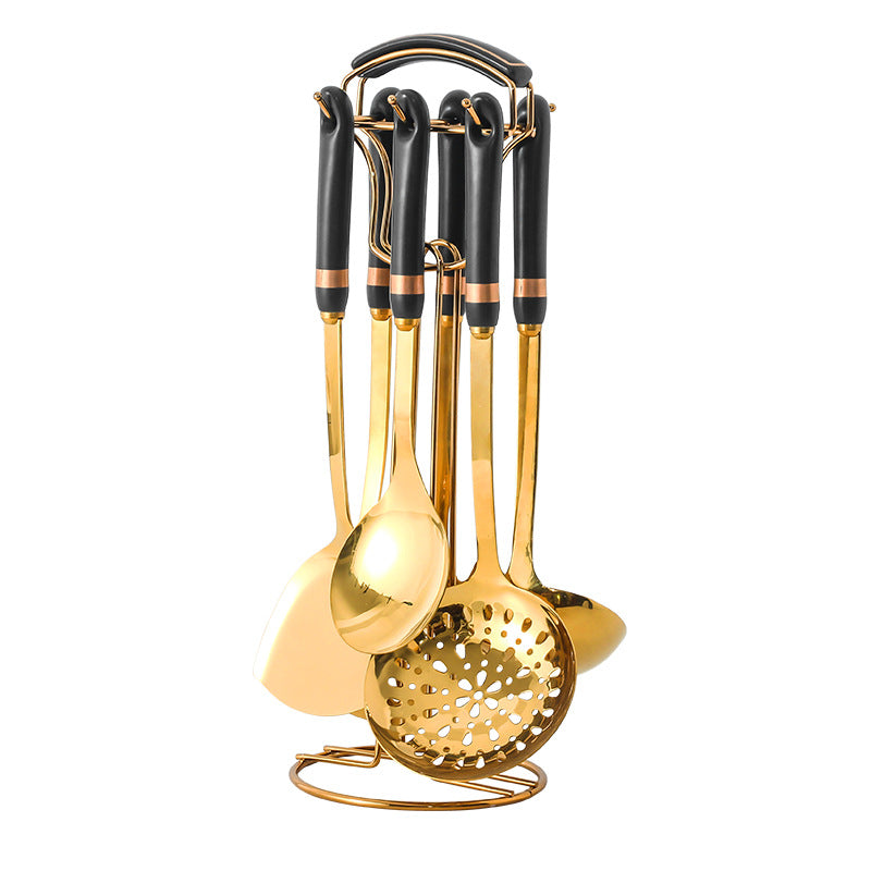 Matte seven-piece kitchen utensil set with stainless steel heads and white ceramic handles — view 2
