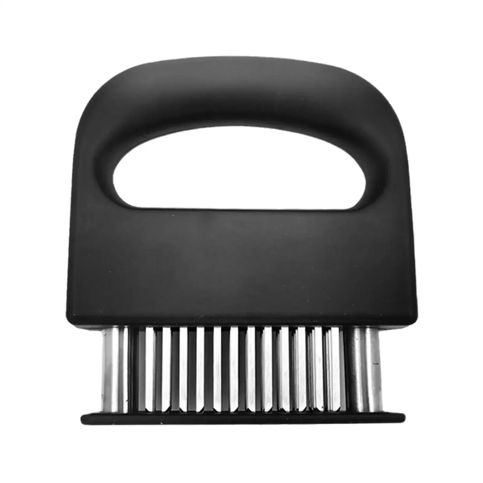 Black 48-needle stainless steel meat tenderizer tool with ergonomic handle for kitchen and BBQ