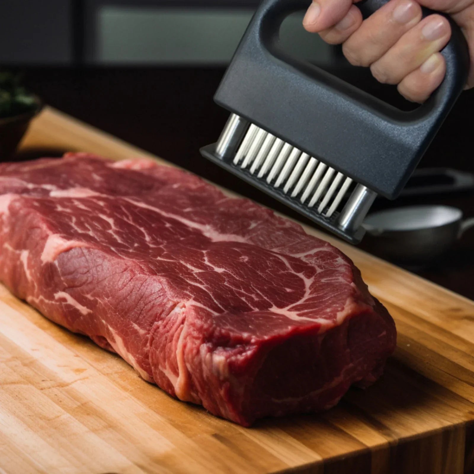Black 48-needle stainless steel meat tenderizer tool with ergonomic handle for kitchen and BBQ — view 2
