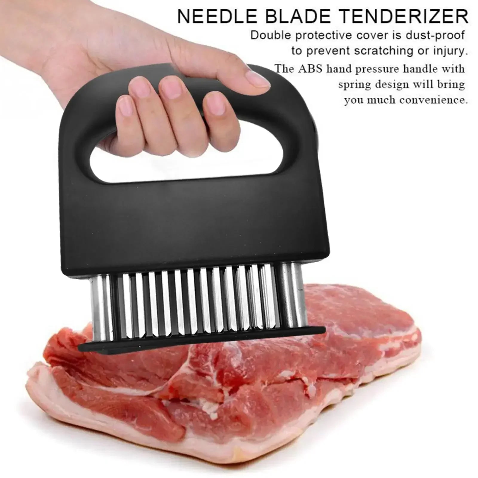 Black 48-needle stainless steel meat tenderizer tool with ergonomic handle for kitchen and BBQ — view 4