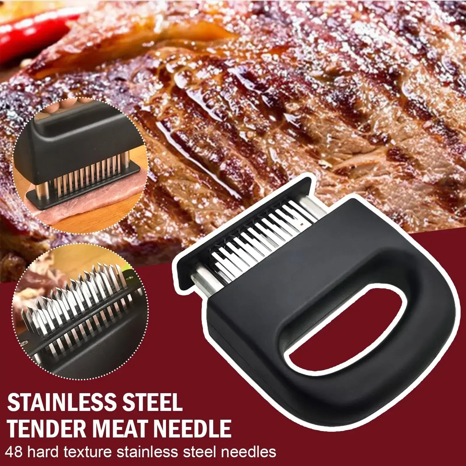 Black 48-needle stainless steel meat tenderizer tool with ergonomic handle for kitchen and BBQ — view 3