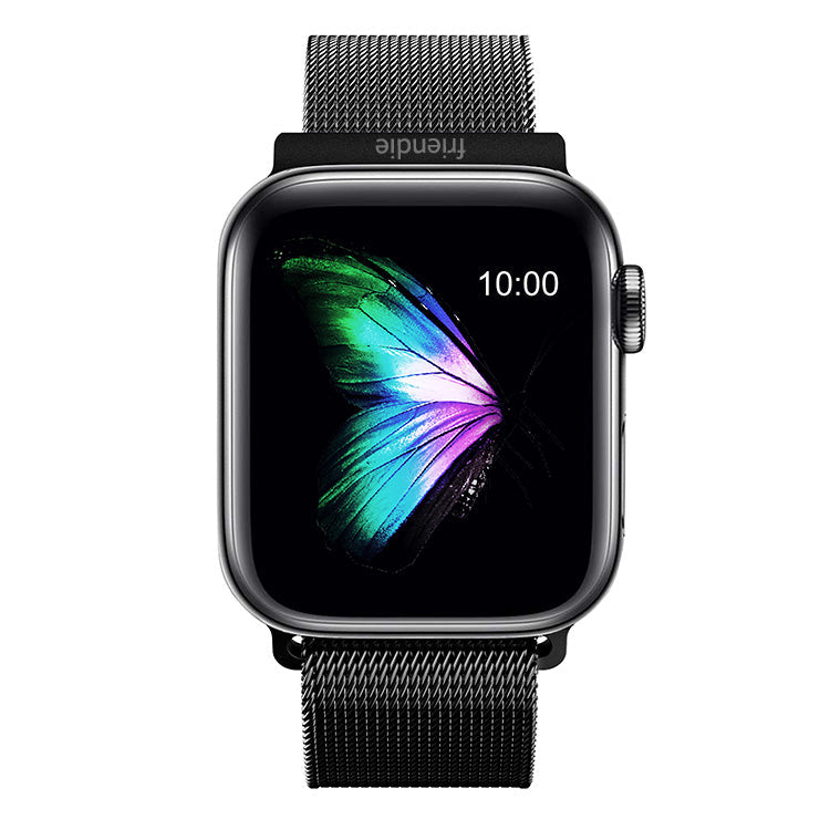 Black stainless steel mesh infinite loop watch band compatible with Apple Watch 38mm to 41mm
