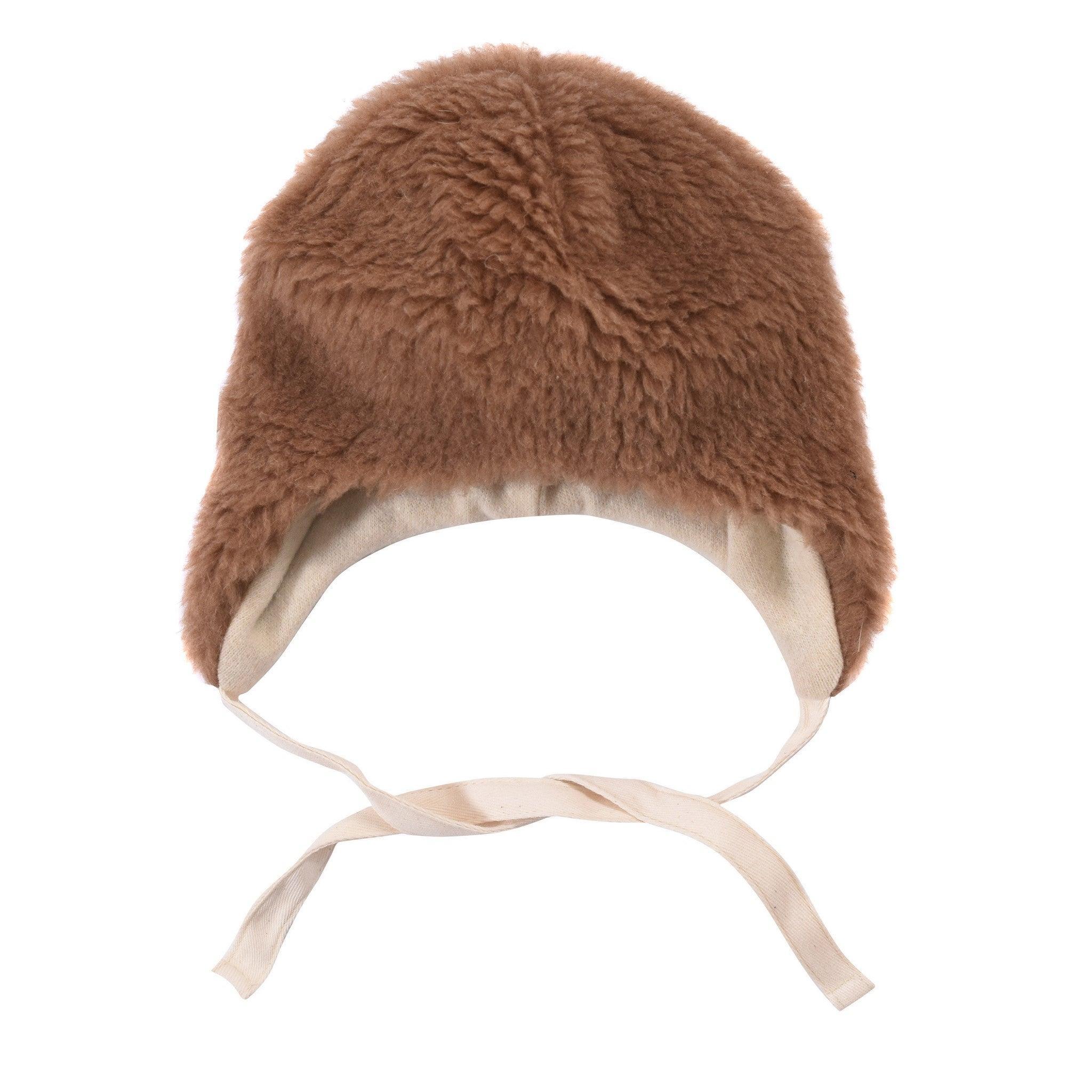 Brown teddy textured woolen baby hat with cute bear ears and long secure tie straps — view 3